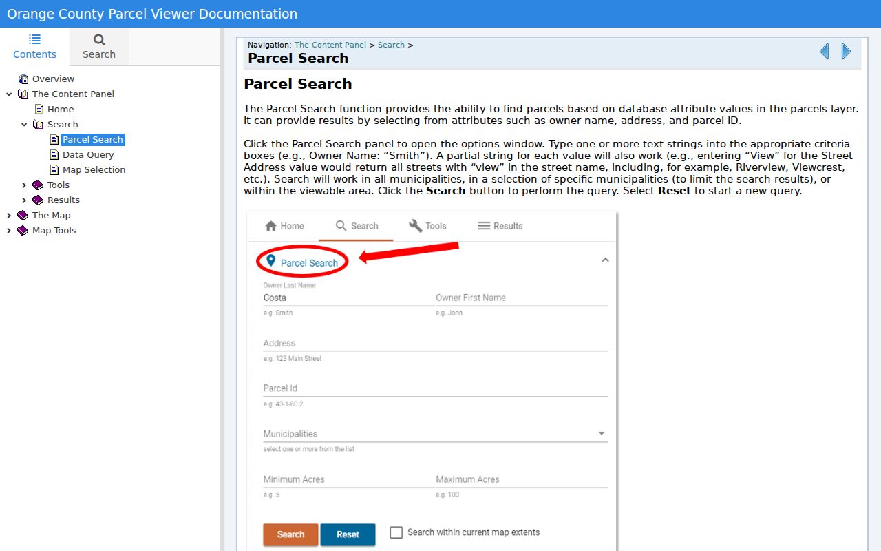 Orange County neighbors parcel search help for owner, address, parcel ID, and municipality controls